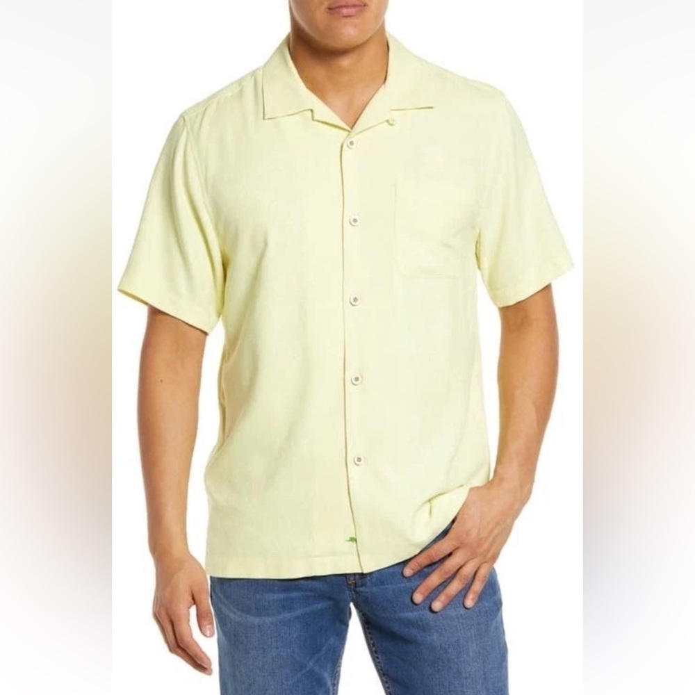 Tommy Bahama | Men's Light Yellow 100% Silk Short Sleeve Button Down Shirt Sz XL